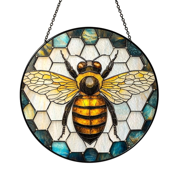 Vibrant Bee Honeycomb Stained Glass Circular Panel with Blue and Gold Details, Cheerful Nature Window Decor Accent