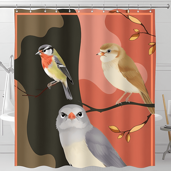 Vibrant Bird Shower Curtain - Stylish Perched Birds Design in Muted Colors for Modern or Rustic Bathrooms