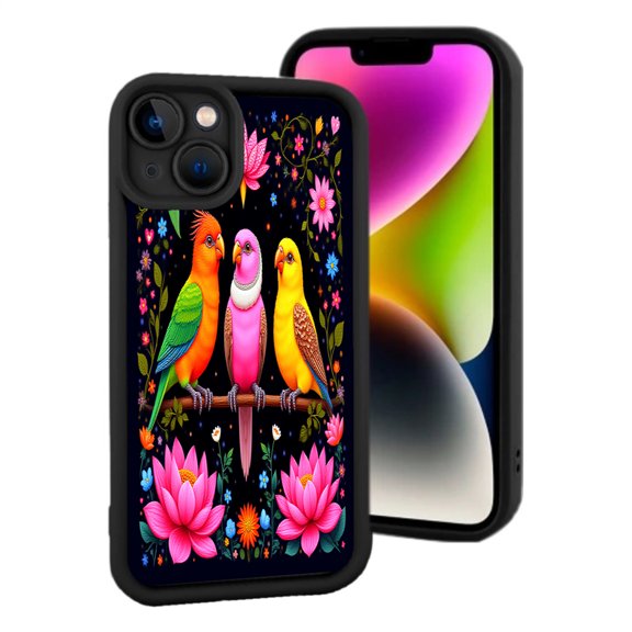 Vibrant Birds & Floral Design iPhone 15 Case - Lightweight Yellowing Resistant Colorful Illustration with Black Border