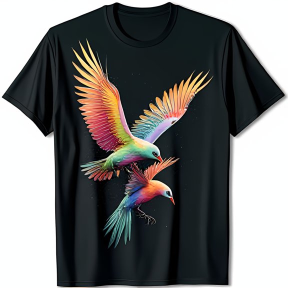 Vibrant Birds in Graphic Black T-Shirt Starry Night Design