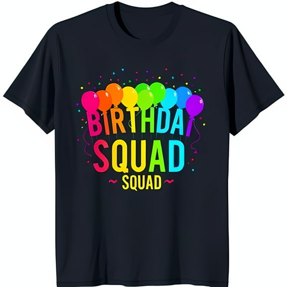 Vibrant Birthday Squad Graphic Black T-Shirt with Colorful