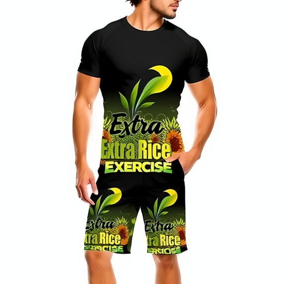 Vibrant Black Athletic Set with Sunflower & Design " Extra Extra Rice Exercise " Slogan Snug Fit for Workouts & Casual Wear