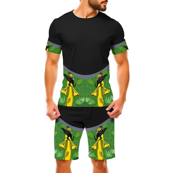 Vibrant Black Athletic T-Shirt and Shorts Set with Green and Yellow Floral Bird Pattern - Modern Sporty Design for Casual Wear