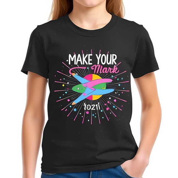 Vibrant Black Cotton Short Sleeve T-Shirt " MAKE YOUR Mark " Colorful Graphic with Rocket Design