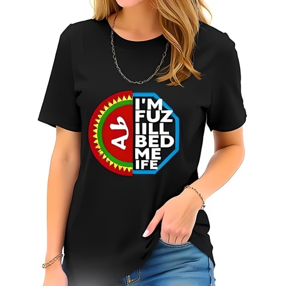 Vibrant Black Cotton Short Sleeve T-Shirt with Circular Red & Green and Playful Text Design