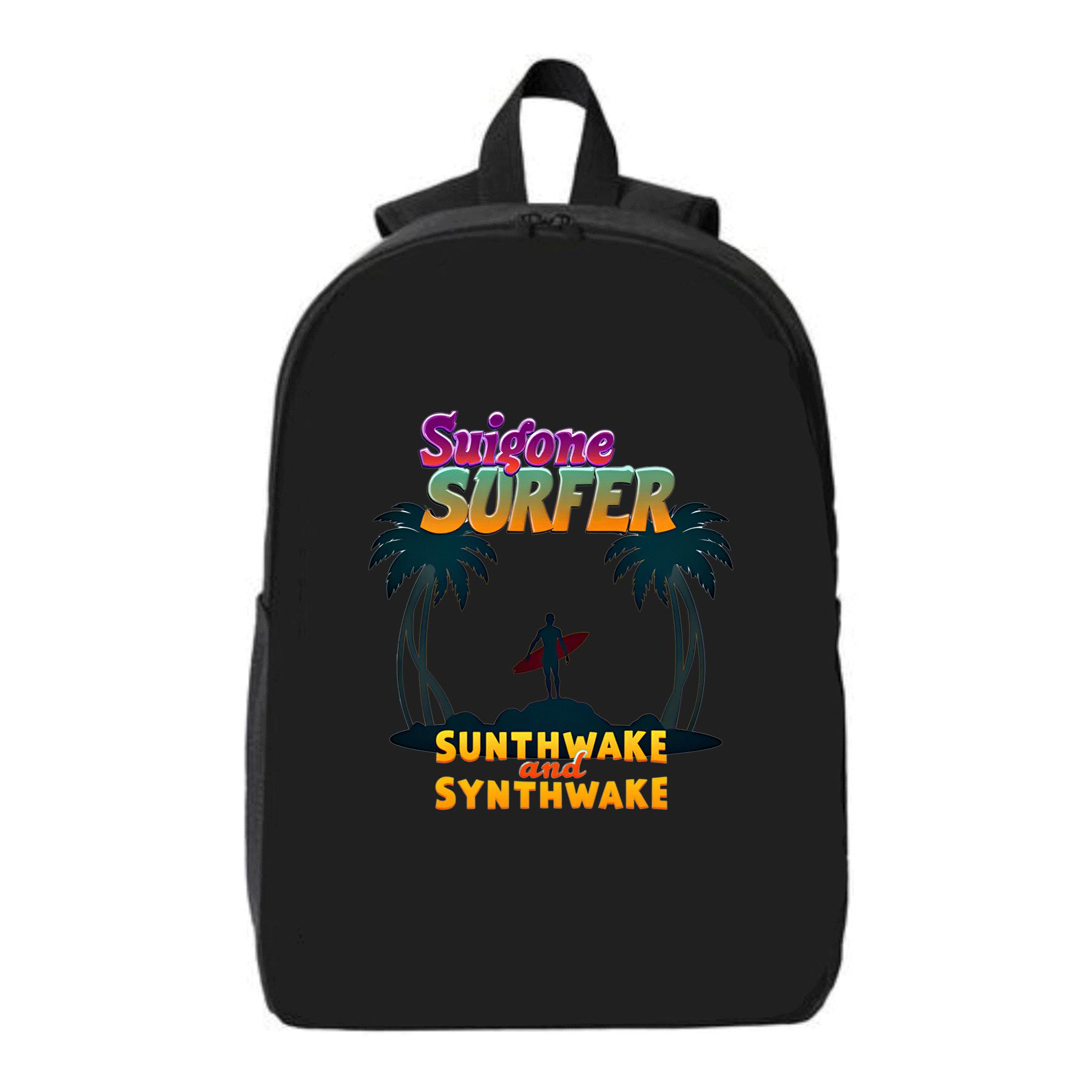 Surfboad Design Backpack Vibrant Black Laptop Backpack with Palm Trees & Surfboard Design Fits ...