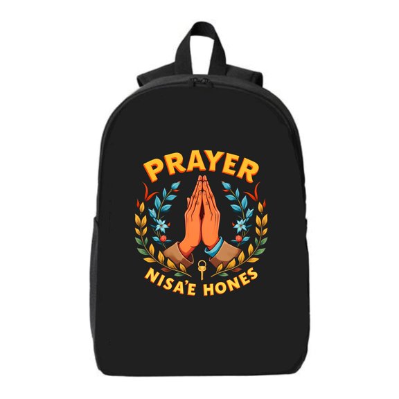 Vibrant Black Laptop Backpack with Prayer Hands Design Wreath of Leaves & Flowers Fits 15 " Laptop & iPad - Spiritual Travel Bag