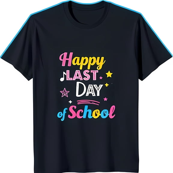 Vibrant Black Neck T-Shirt with 'Happy Last Day of School' Graphic