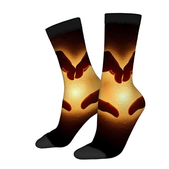 Vibrant Black & Orange Gradient Socks with Glowing Heart Pattern - 2 Pairs of Unisex Trendy Four Seasons Universal Socks