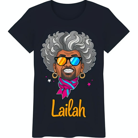 Vibrant Black T-Shirt Featuring Stylish Lailah with Grey Afro & Sunglasses
