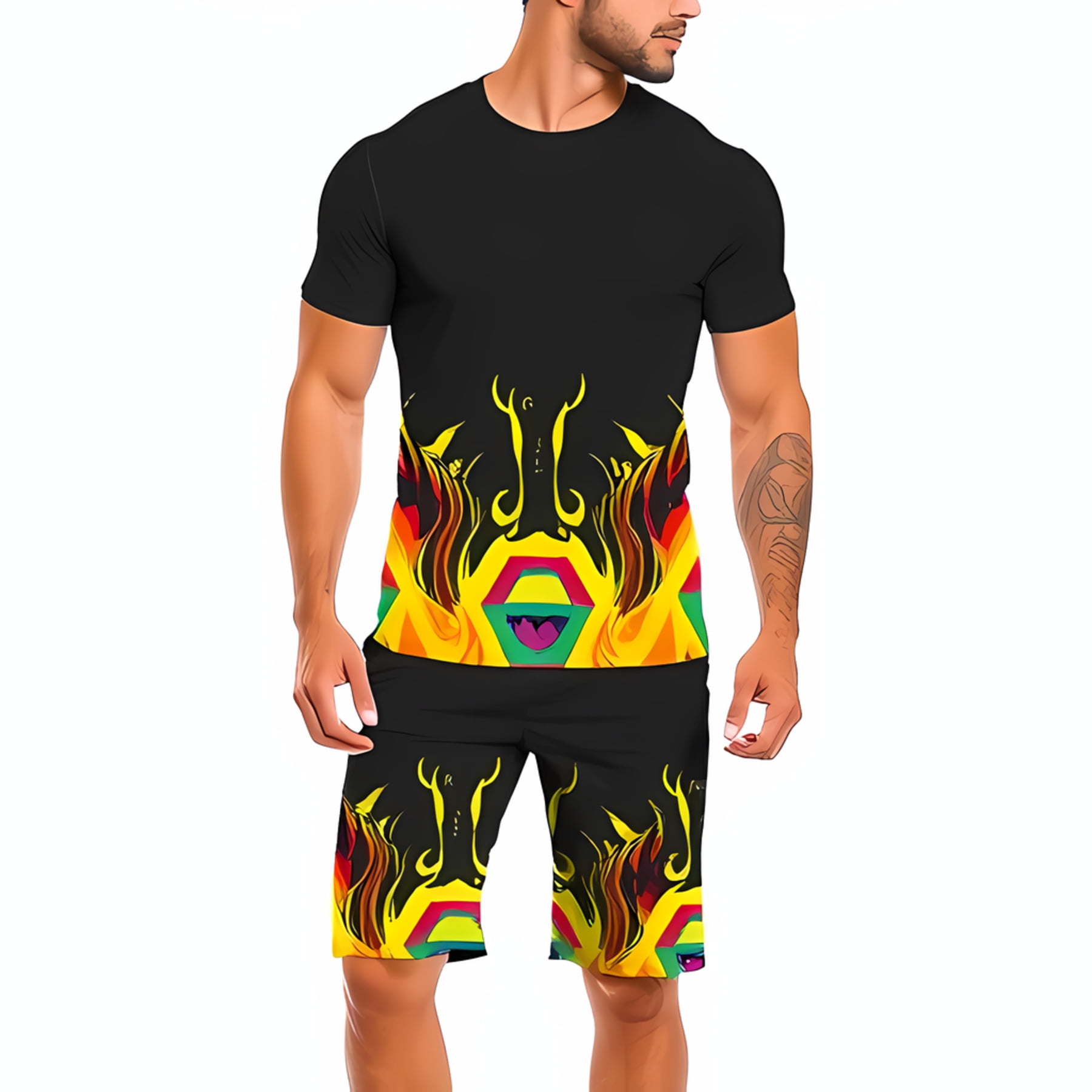 Summer Graphic T-Shirt & Black Shorts Set – Cream & Black Trendy Outfit
