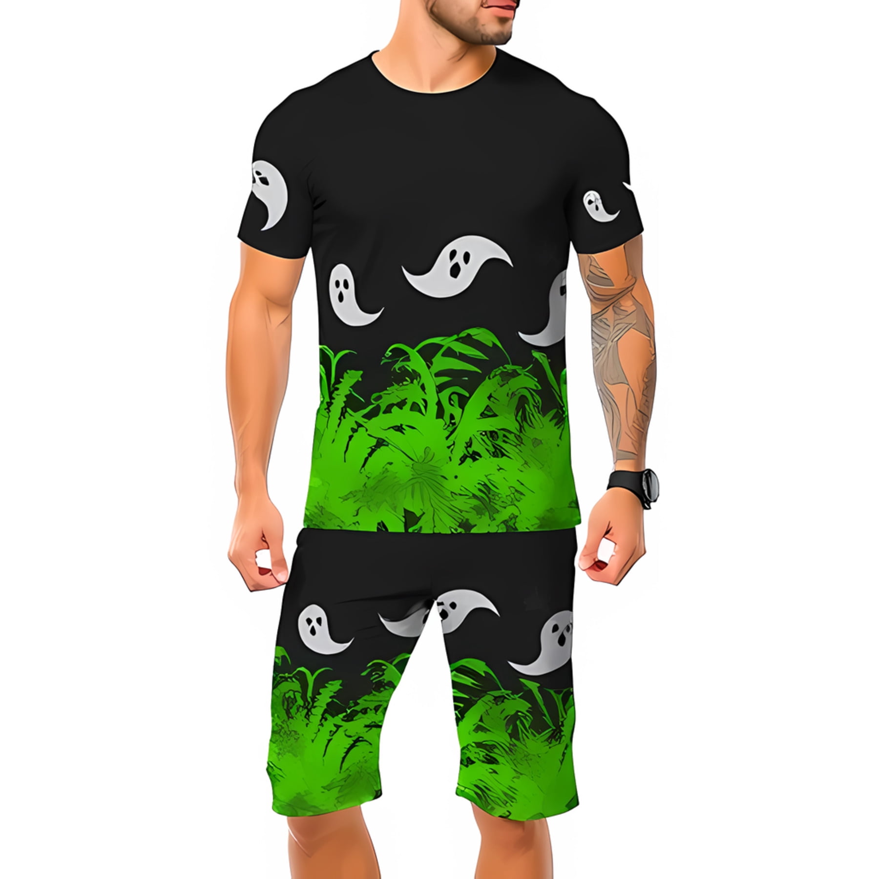 Summer Graphic T-Shirt & Black Shorts Set – Cream & Black Trendy Outfit main image 1