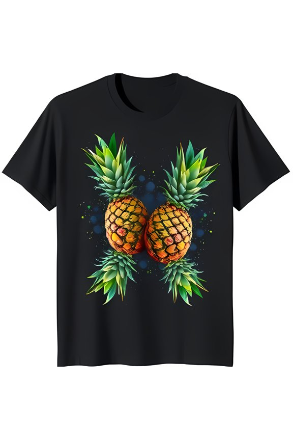 Vibrant Black T-Shirt with Abstract Pineapple Graphic Design Close Up Style