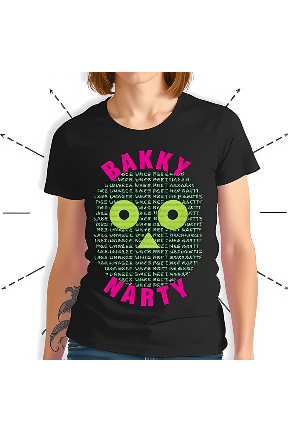 Vibrant Black T-Shirt with 'BAKKY' & 'NARTY' in Pink Pixelated Green Face Design Unique Graphic Tee