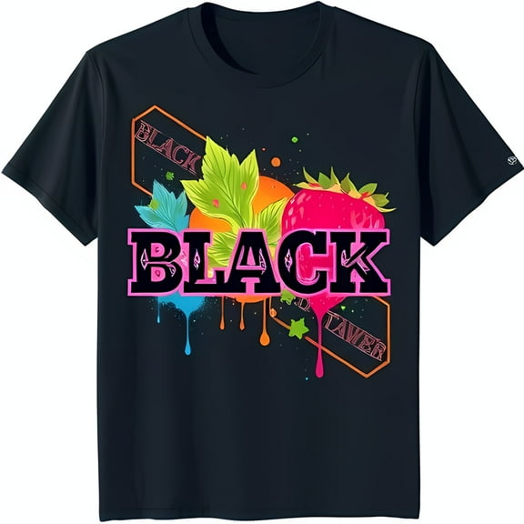 Vibrant Black T-Shirt with 'BLACK' Graphic Colorful Drips & Strawberry Design