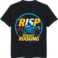 thumbnail image 1 of Vibrant Black T-Shirt with Blue Off Road Vehicle Design 'RISP' & ' ROOKING' Text, 1 of 5