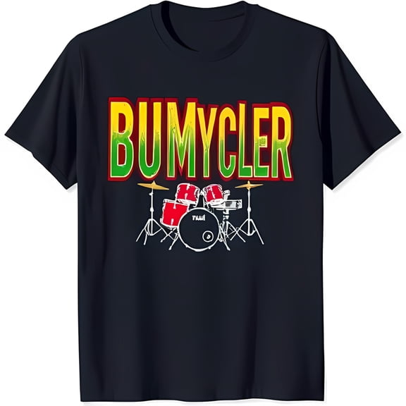 Vibrant Black T-Shirt with Bold 'BUMYCLER' Design & Red Drum Set Graphic