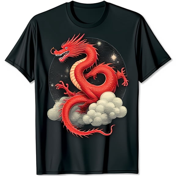 Vibrant Black T-Shirt with Bold Graphic Surrounded by Clouds & Stars
