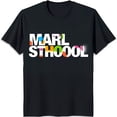 thumbnail image 1 of Vibrant Black T-Shirt with Bold 'MARL STHOOL' Graphic & Colorful Splashes, 1 of 5