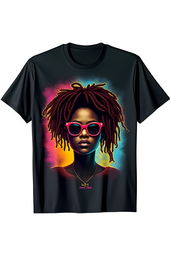 Vibrant Black T-Shirt with Bold Portrait of Stylish in Dreadlocks