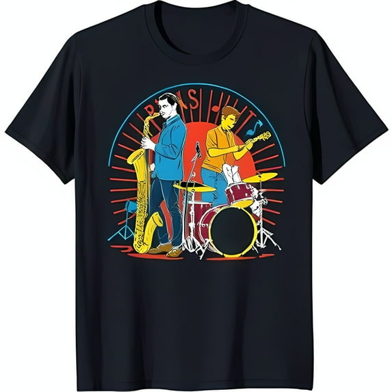 Vibrant Black T-Shirt with Brass Band Graphic Saxophone & Drummer Design