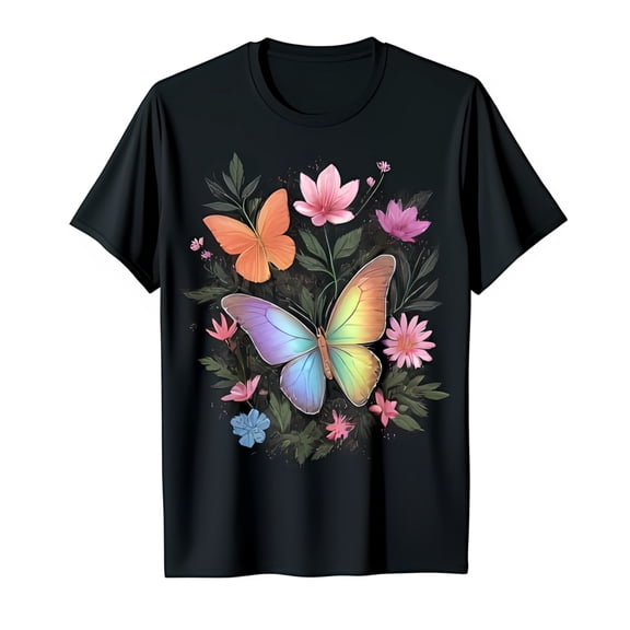 Vibrant Black T-Shirt with Butterfly & Colorful Floral Design