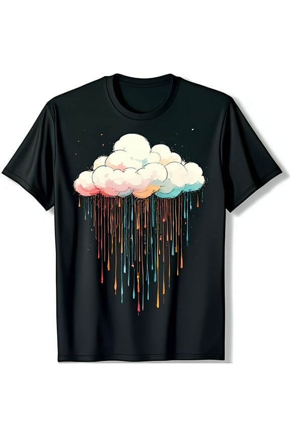 Vibrant Black T-Shirt with Colorful Dripping Cloud Graphic Design