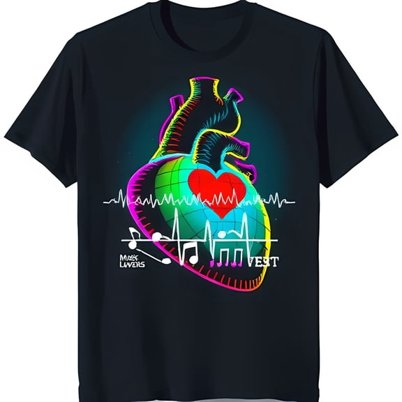 Vibrant Black T-Shirt with Colorful Heart & Globe Graphic Music Lovers' Style