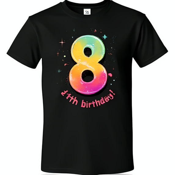Vibrant Black T-Shirt with Colorful Number 8 Graphic for 8th Birthday Celebration
