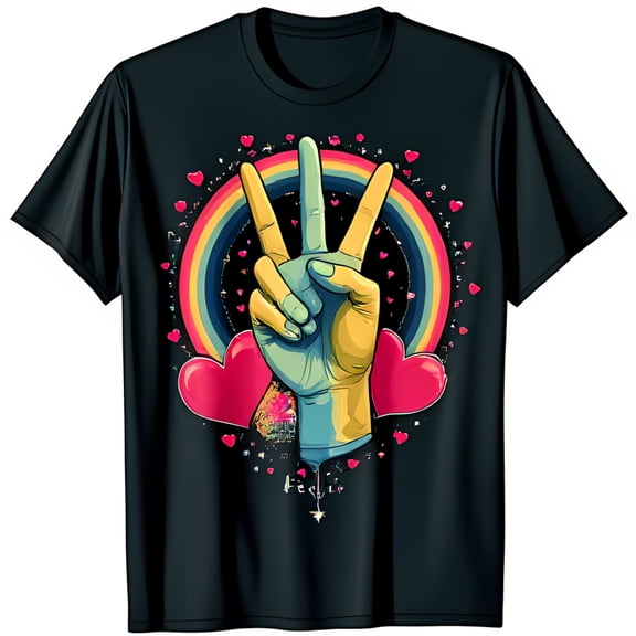 Vibrant Black T-Shirt with Colorful Peace Sign & Heart Graphic