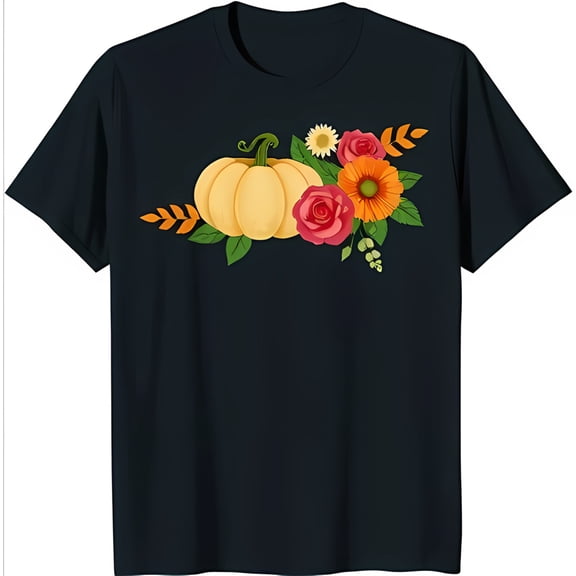Vibrant Black T-Shirt with Colorful Pumpkin and Floral Chest Graphic
