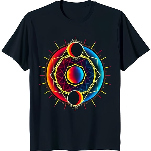 Vibrant Black T-Shirt with Colorful Sacred Chest Graphic Design
