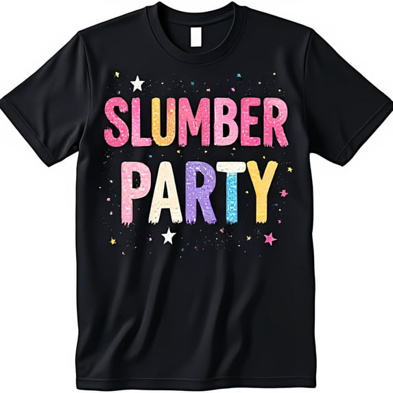 Vibrant Black T-Shirt with Colorful Slumber Party Design Casual Comfort