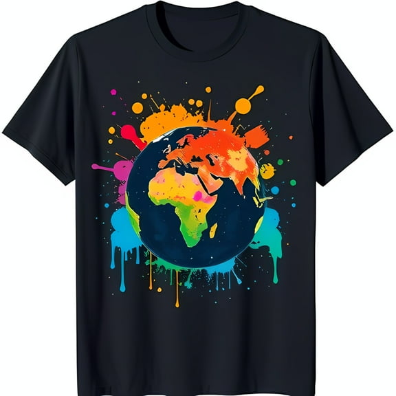 Vibrant Black T-Shirt with Colorful Splatter Globe Graphic Artful & Eye Catching Design