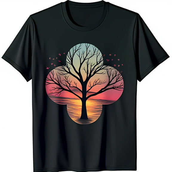 Vibrant Black T-Shirt with Colorful Tree Sunset Graphic Design