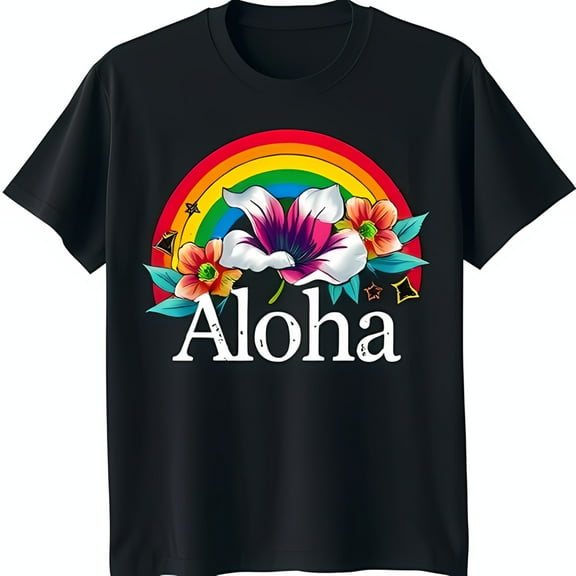 Vibrant Black T-Shirt with Colorful & Tropical Flowers Aloha Graphic