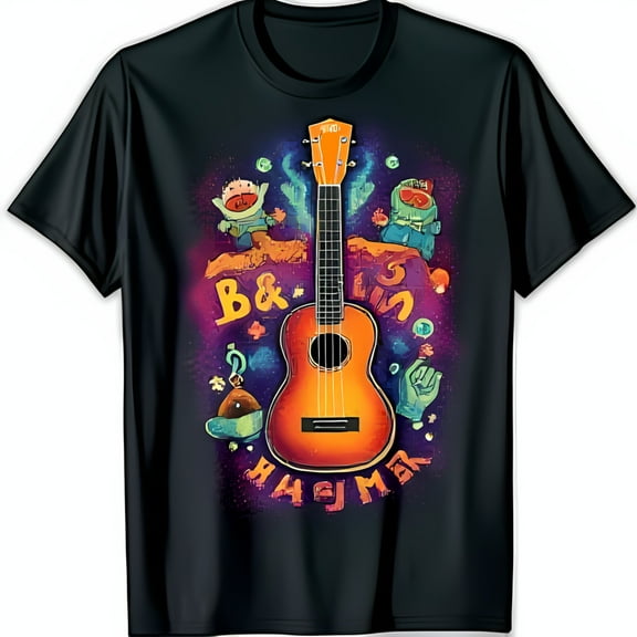 Vibrant Black T-Shirt with Colorful Ukulele Graphic & Cartoon Characters