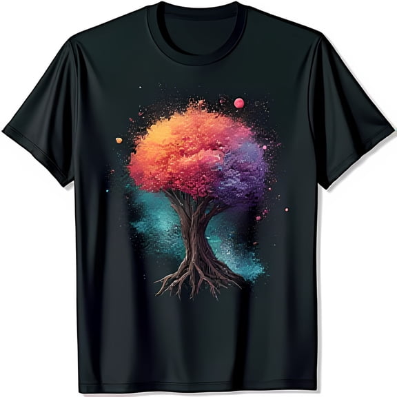 Vibrant Black T-Shirt with Colorful Watercolor Tree Graphic Design