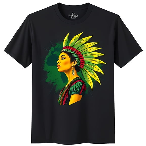 Vibrant Black T-Shirt with Colorful Woman in Feathered Headdress Graphic