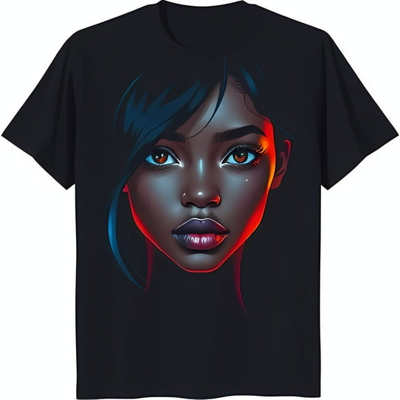 Vibrant Black T-Shirt with Colorful Young Woman's Face Graphic Stylish & Unique