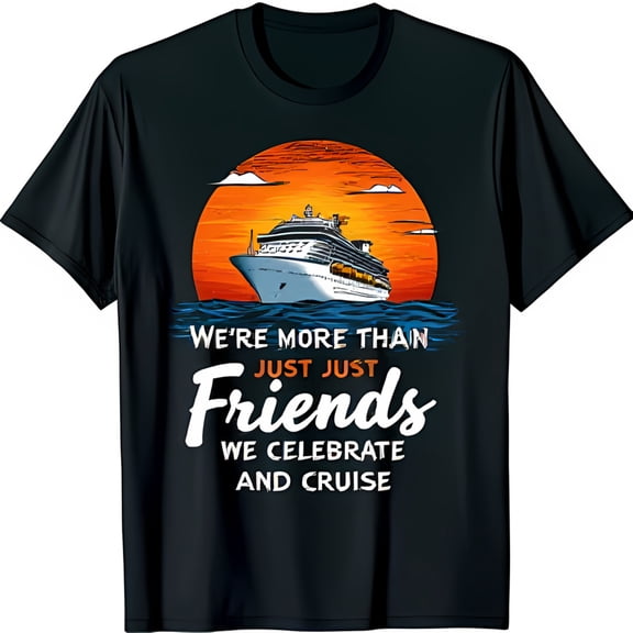 Vibrant Black T-Shirt with Cruise Ship Sunset Design Celebrate Friendship