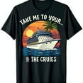 Vibrant Black TShirt with Cruise Ship Sunset & Trees Graphic Take Me