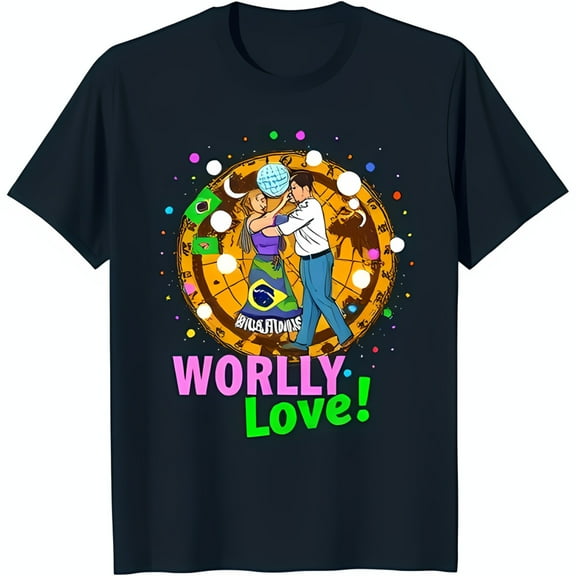 Vibrant Black T-Shirt with Dancing Couple Planets & Worldly Love Graphic