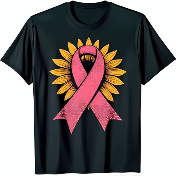 Vibrant Black T-Shirt with Detailed Pink Ribbon & Sunflower Chest Graphic