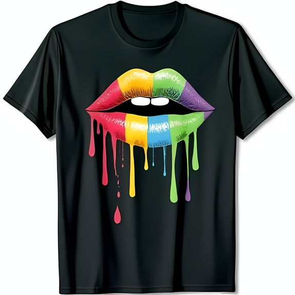 Vibrant Black T-Shirt with Eye Catching Rainbow Lips Graphic Design