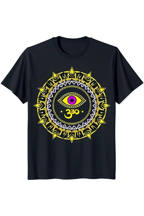 Vibrant Black T-Shirt with Intricate Yellow & White and Third Eye Design