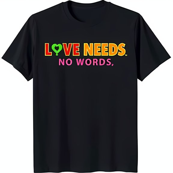 Vibrant Black T-Shirt with 'LOVE NEEDS NO WORDS' Rainbow Graphic & Heart