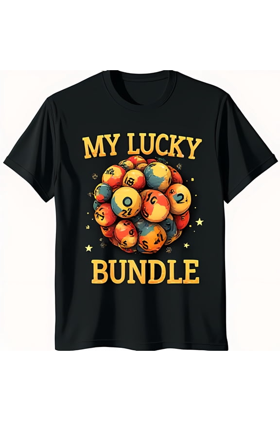 Vibrant Black T-Shirt with Lucky Balls & Stars MY LUCKY BUNDLE Graphic