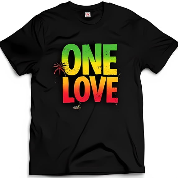 Vibrant Black T-Shirt with ONE LOVE Splatter Graphic & Tree