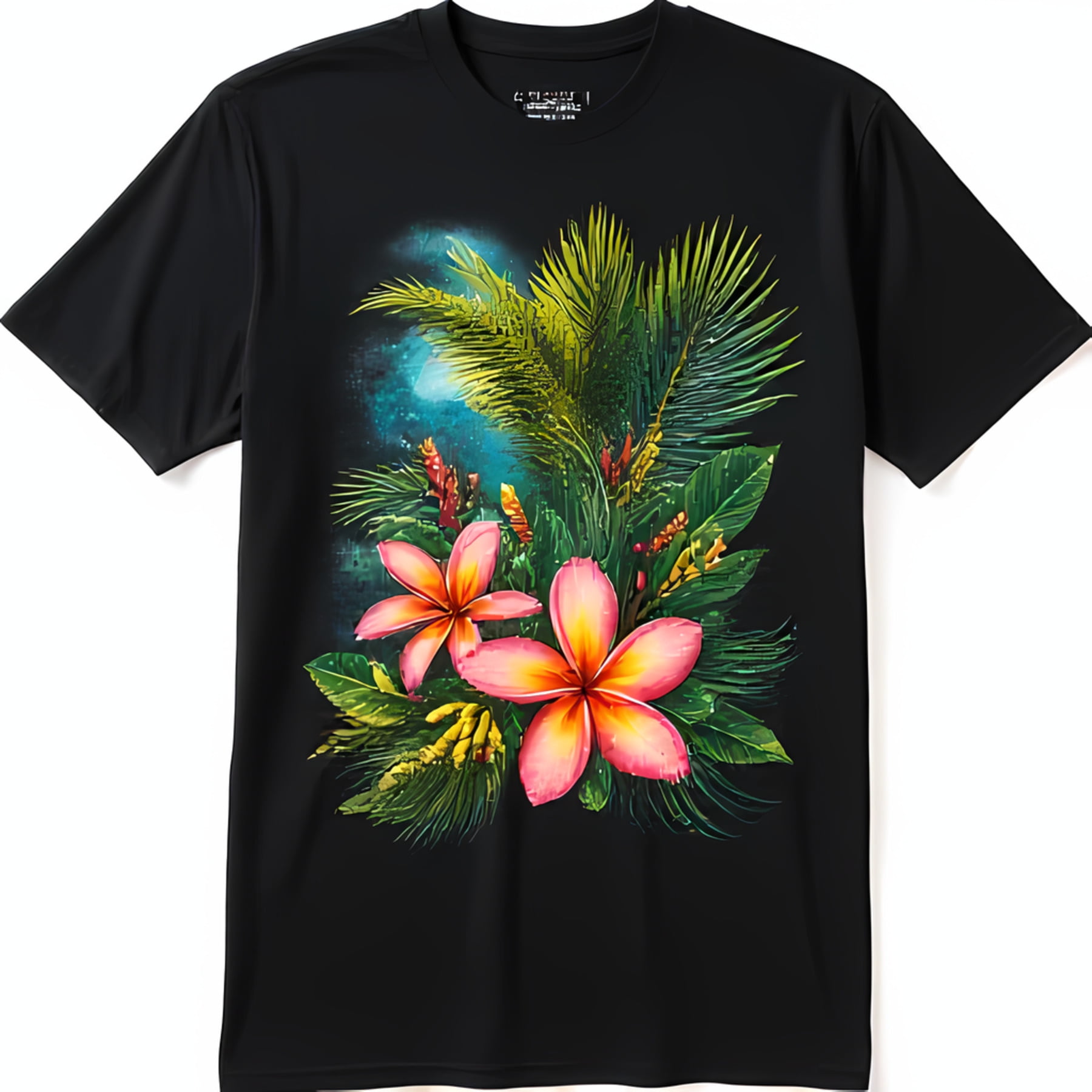 Vibrant Black T-Shirt with Pink Plumeria Flowers and Green Foliage Design
